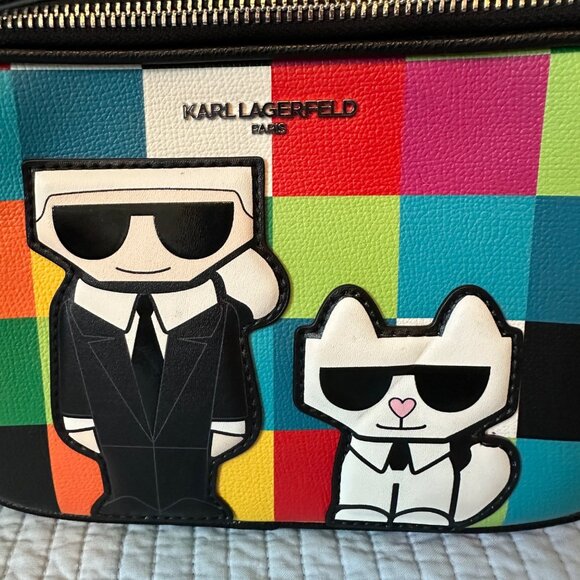 Karl Lagerfeld Multicolor Crossbody Bag W/ Checkered Print & Cartoon Graphic - Picture 3 of 11